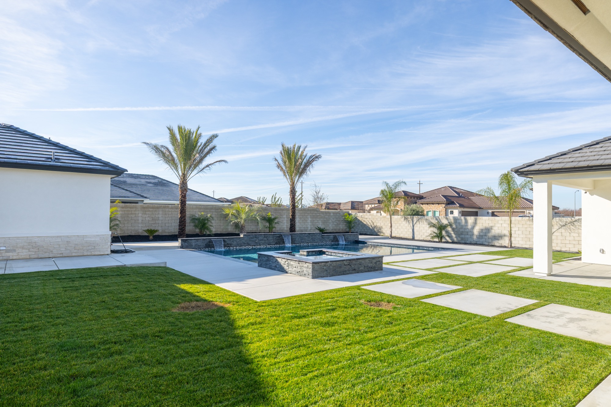 Custom pool with fire pit and palms