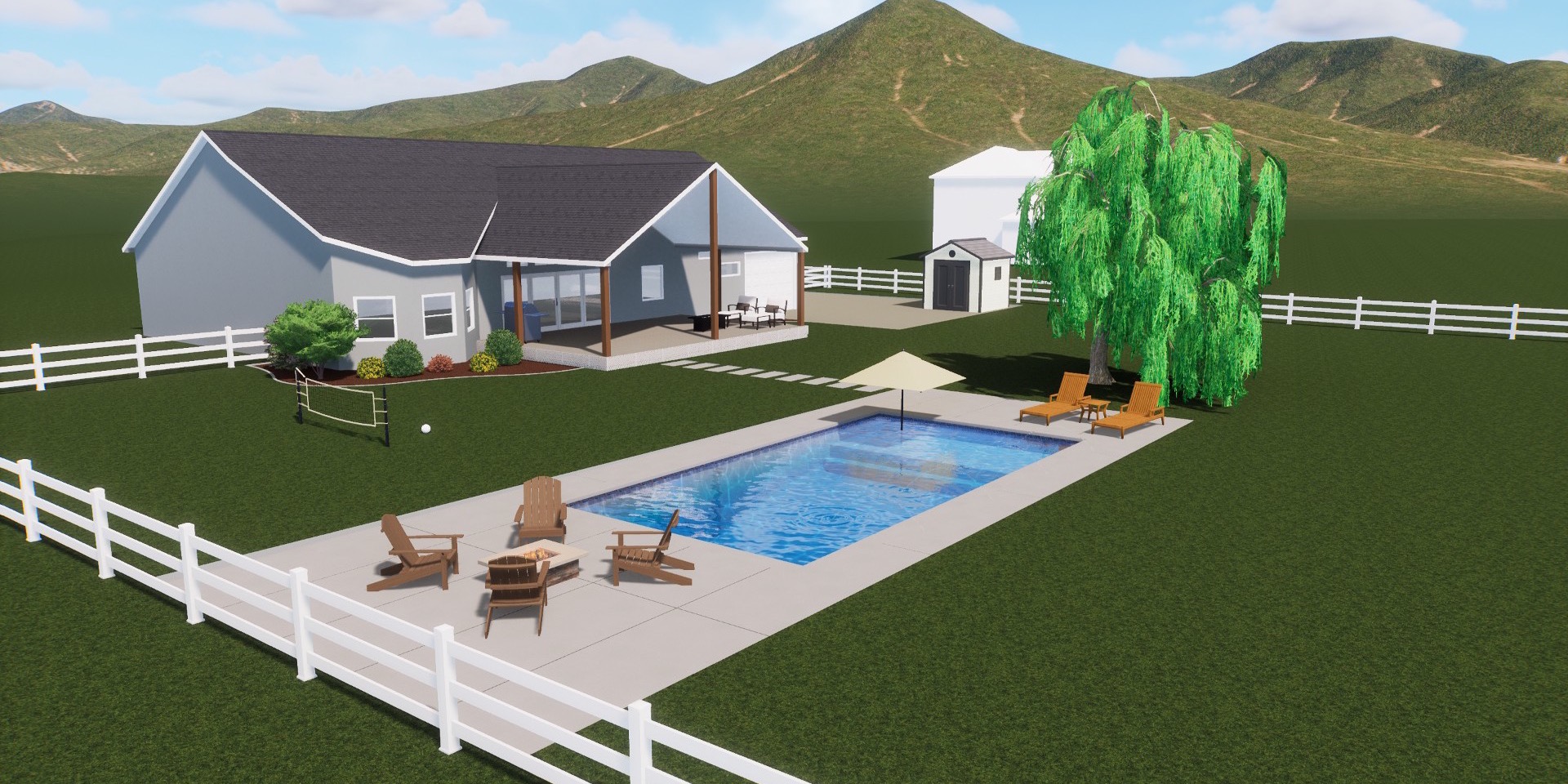 3D pool rendering — acreage property with mountain views