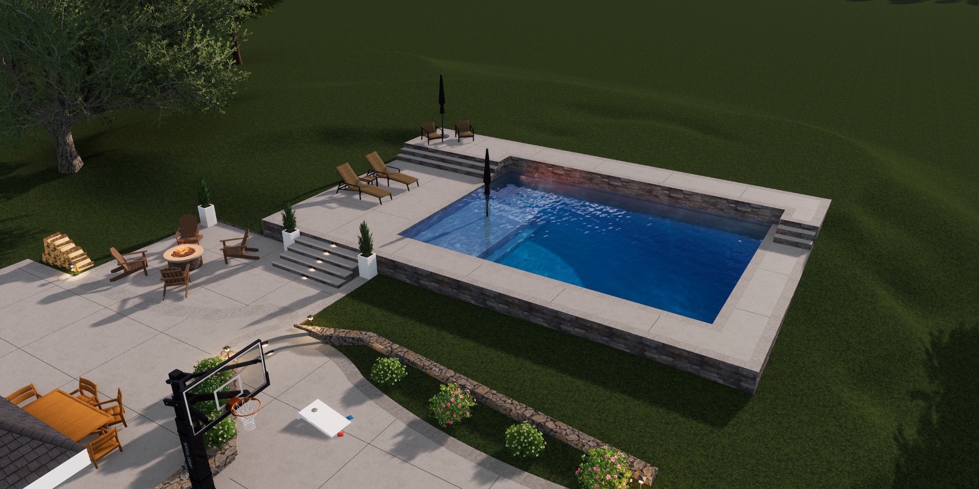 3D pool rendering — raised deck with outdoor living and fire pit